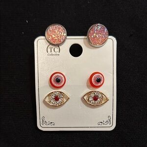 IC COLLECTION Red and Gold Eye Earrings Trio